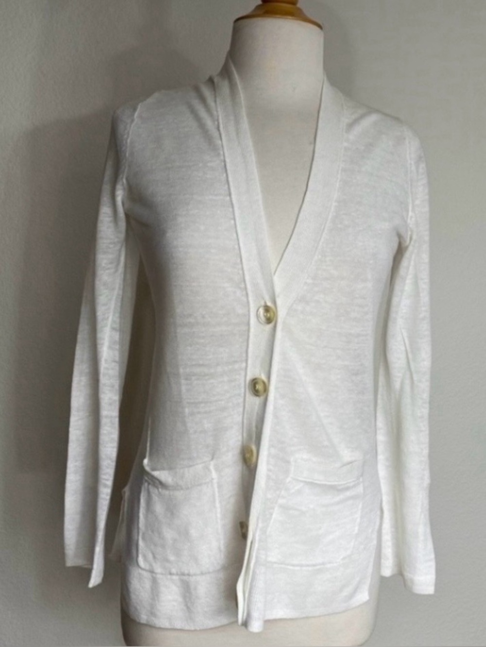 Ann Taylor Womens Off White Linen Mix V Neck Lightweight Cardigan Preppy Size S